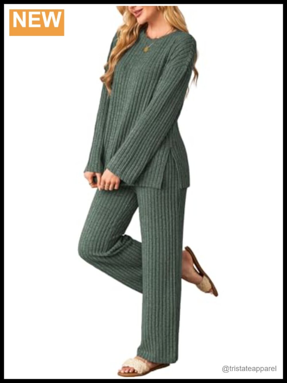 Womens 2 Piece Lounge Set Cozy Knit Long Sleeve Wide Leg Pajama Matching Set
